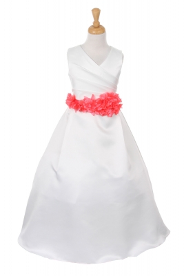Girls Dress Style 1186- IVORY Dress with Coral FLOWER Sash