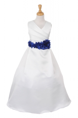 Girls Dress Style 1186- IVORY Dress with Royal FLOWER Sash