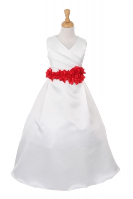 Girls Dress Style 1186- IVORY Dress with Red FLOWER Sash