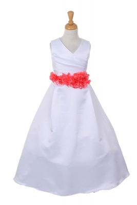 Girls Dress Style 1186- Choice of WHITE Dress with Coral FLOWER Sash