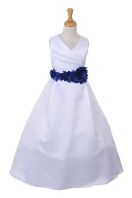Girls Dress Style 1186- Choice of WHITE or IVORY Dress with Royal FLOWER Sash