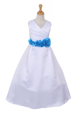 Girls Dress Style 1186- Choice of WHITE Dress with Turquoise FLOWER Sash