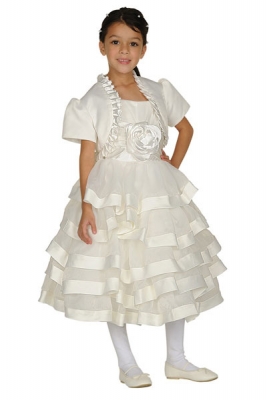 Girls Dress Style 62416- Choice of White or Ivory Satin and Organza Tiered Dress with Bolero