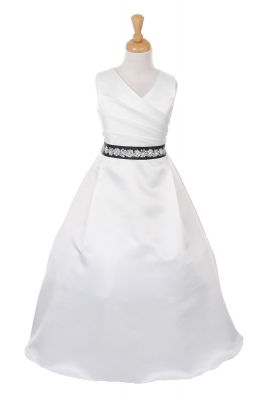 Girls Dress Style 1186- White or Ivory Satin Sleeveless Dress with Choice of 3 BEADED Sash Options