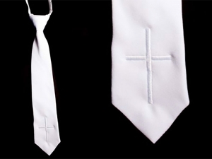 Boys Tie Style EM1- WHITE Zipper Tie with Embroidered Cross