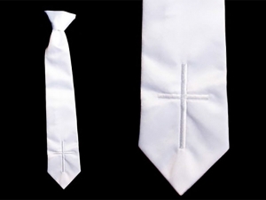 Boys Tie Style EM2- WHITE Satin Clip on Tie with Embroidered Cross