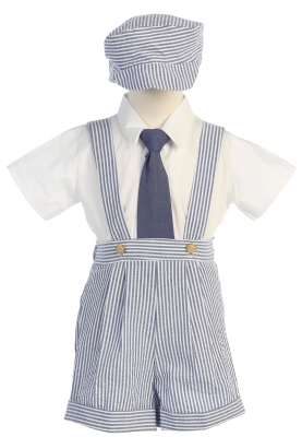 Boys Vest Set Style G822- Seersucker Suspenders and Shorts Set with Hat