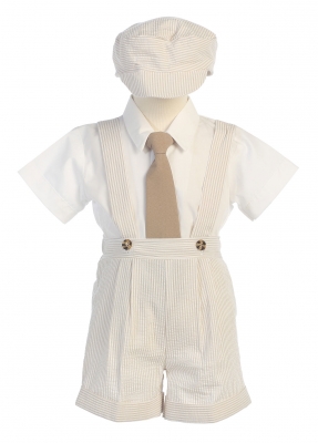 Boys Vest Set Style G822- Khaki Seersucker Suspenders and Shorts Set with Hat