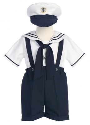 Romper Style G830 - White Sailor Top and Hat with Navy Suspendered Shorts