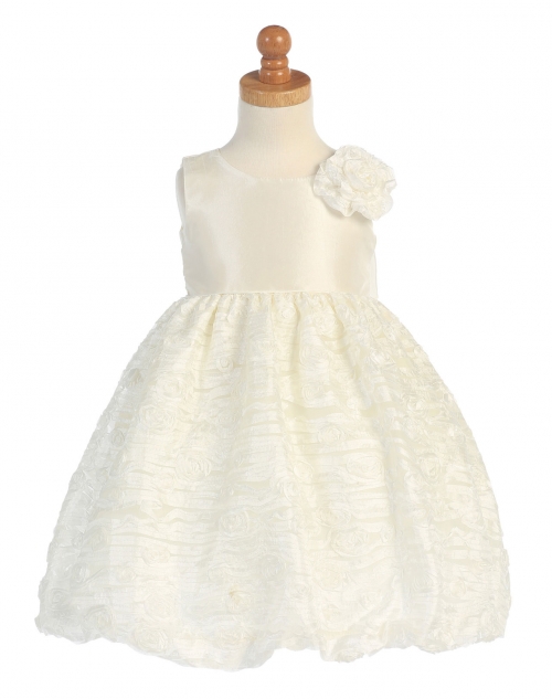Girls Dress Style M674- Ivory Sleeveless Taffeta Dress with Embroidered Tulle