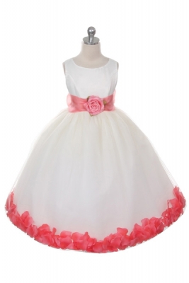 Flower Girl Dress Style 152-Choice of White or Ivory Dress with Coral Sash and Petals