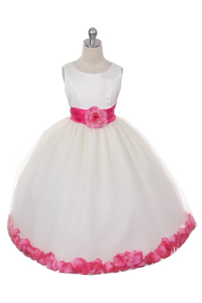 Flower Girl Dress Style 152 Choice of White or Ivory Dress with Fuchsia Sash and Petals