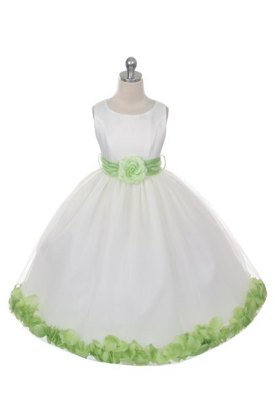 Flower Girl Dress Style 152 Choice of White or Ivory Dress with Lime Sash and Petals