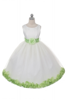 Flower Girl Dress Style 152-Choice of White or Ivory Dress with Lime Sash and Petals