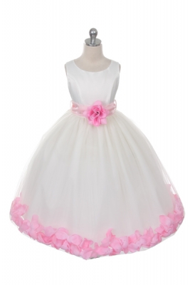 Flower Girl Dress Style 152-Choice of White or Ivory Dress with Light Pink Sash and Petals