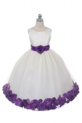 Flower Girl Dress Style 152-Choice of White or Ivory Dress with Purple Sash and Petals