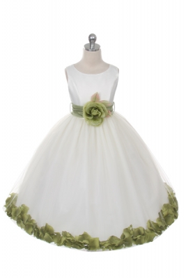 Flower Girl Dress Style 152-Choice of White or Ivory Dress with Sage Sash and Petals