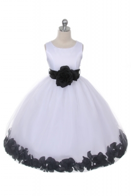 Flower Girl Dress Style 152-Choice of White or Ivory Dress with Black Sash and Petals