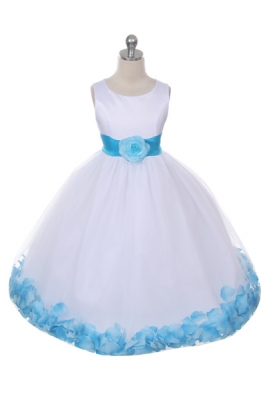 Flower Girl Dress Style 152-Choice of White or Ivory Dress with Turquoise Sash and Petals