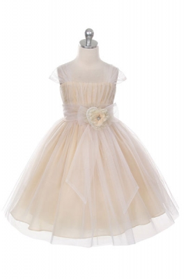 Girls Dress Style 293 - Tulle Cap Sleeve Dress with Floral Accent in Choice of Color