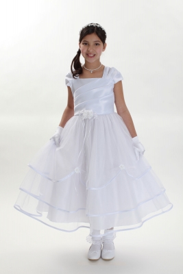 Girls Dress Style 304- Choice of White or Ivory Satin and Tulle Cap Sleeve Dress