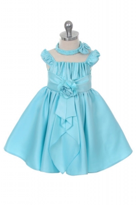 Girls Dress Style 025- AQUA Cap Sleeve Taffeta Dress with Embellished Bodice