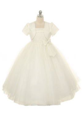 Girls Dress Style 1012- IVORY Sleeveless Satin Tulle Dress with Beaded Detailing