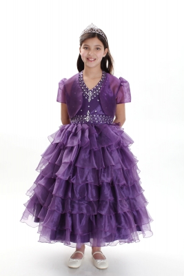 Girls Dress Style 1024- PLUM Organza Tiered Dress with Bead Embellished Bodice