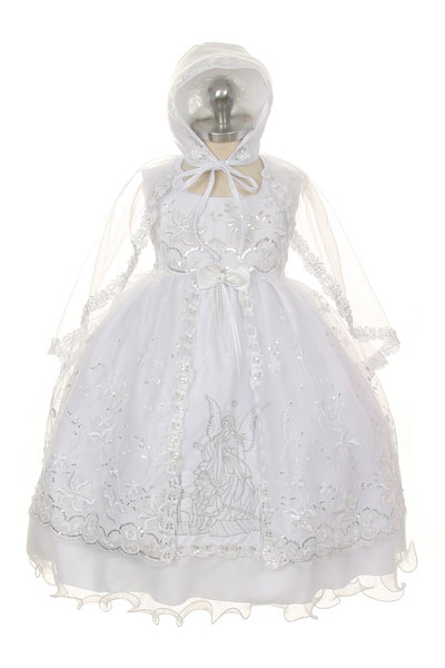 Girls Dress Style 381- WHITE Baptism and Christening Dress with Angel Embroidery