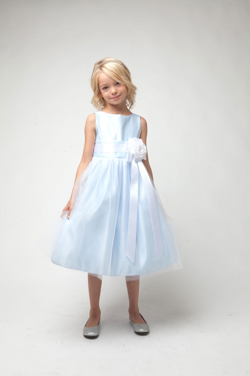 SK_402LB - Girls Dress Style 402- LIGHT BLUE Sleeveless Satin and Tulle  Dress - Simple Cinderella - Flower Girl Dresses - Flower Girl Dress For Less
