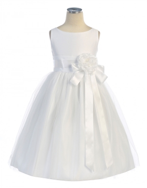 Girls Dress Style 402- WHITE Sleeveless Satin and Tulle Dress